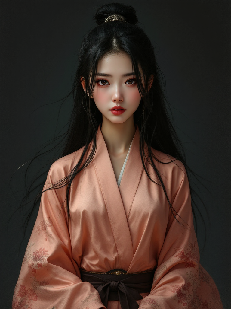 Taki — a young woman with long black hair and dark almond eyes, in a peach silk kimono