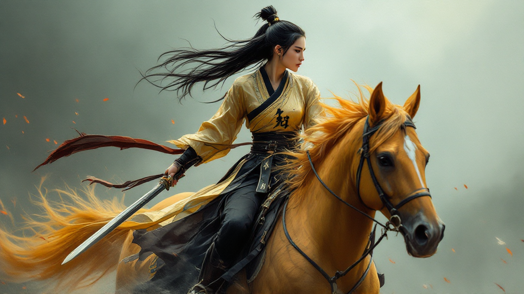 Taki rides a golden palomino into battle in a golden tunic with a black sash